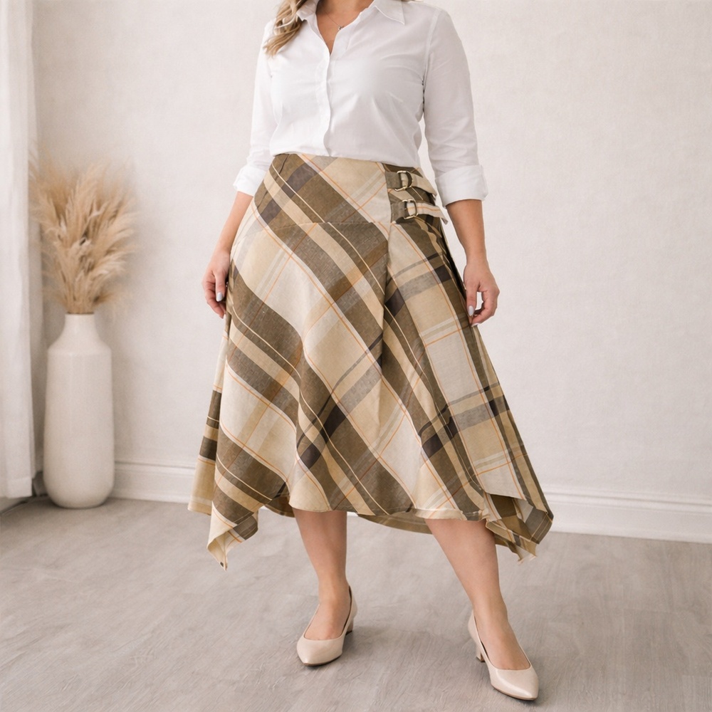 NYGARD Cream Brown Plaid Asym Wrap Midi Skirt‎ Linen Blend D-Ring US 14